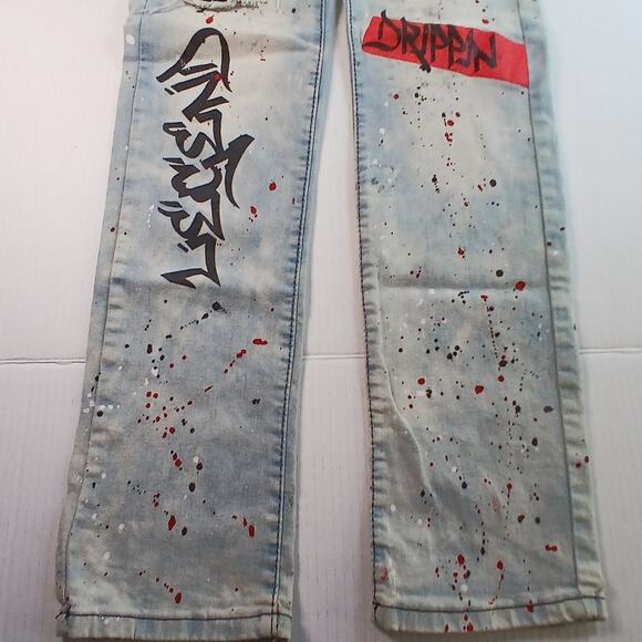Encrypted Boys Blue Denim Graphic Rip Jeans - Size 18 - Picture 2 of 5